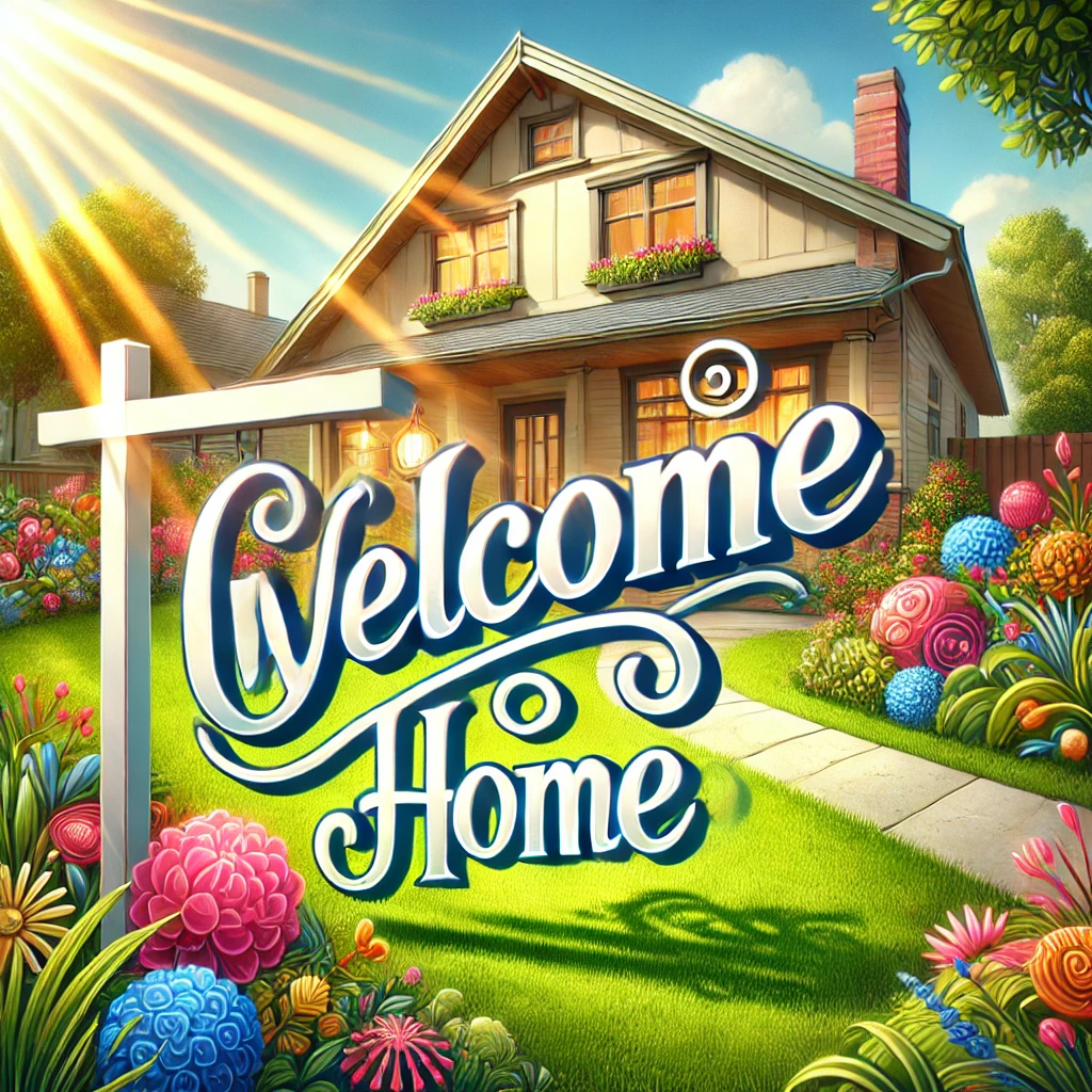 Brightly illuminated cozy home with a 'Welcome Home' sign, landscaped yard, and a welcoming pathway under natural daylight.