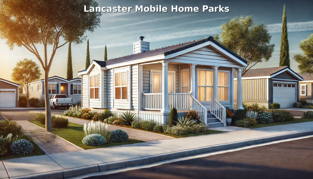 A stylish manufactured home in a peaceful mobile home park in Lancaster, California, with clean landscaping and bright blue skies. The text 