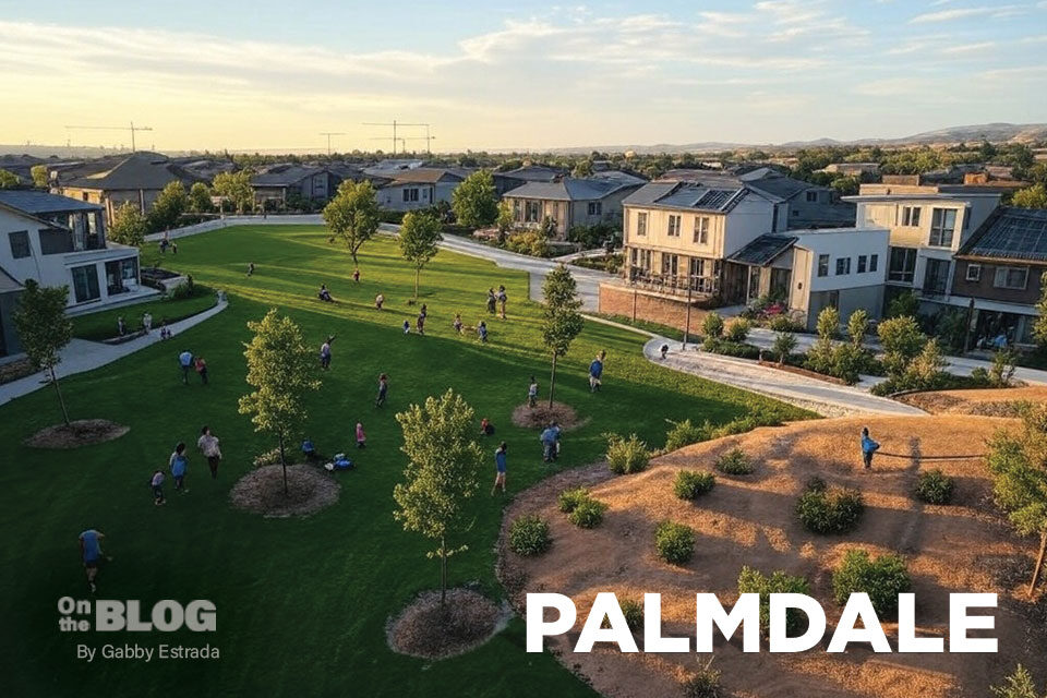 Aerial view of modern housing development in Palmdale, with new homes, green spaces, and community infrastructure.