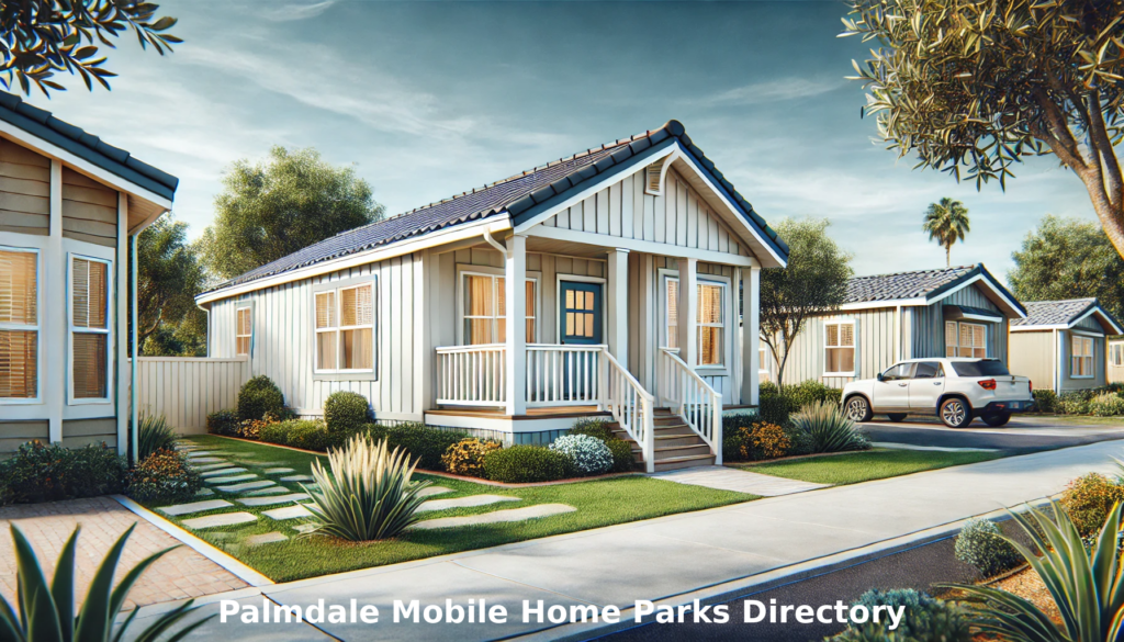 A modern manufactured home in a serene mobile home park in Palmdale, CA, featuring a well-maintained exterior and blue skies. The text 