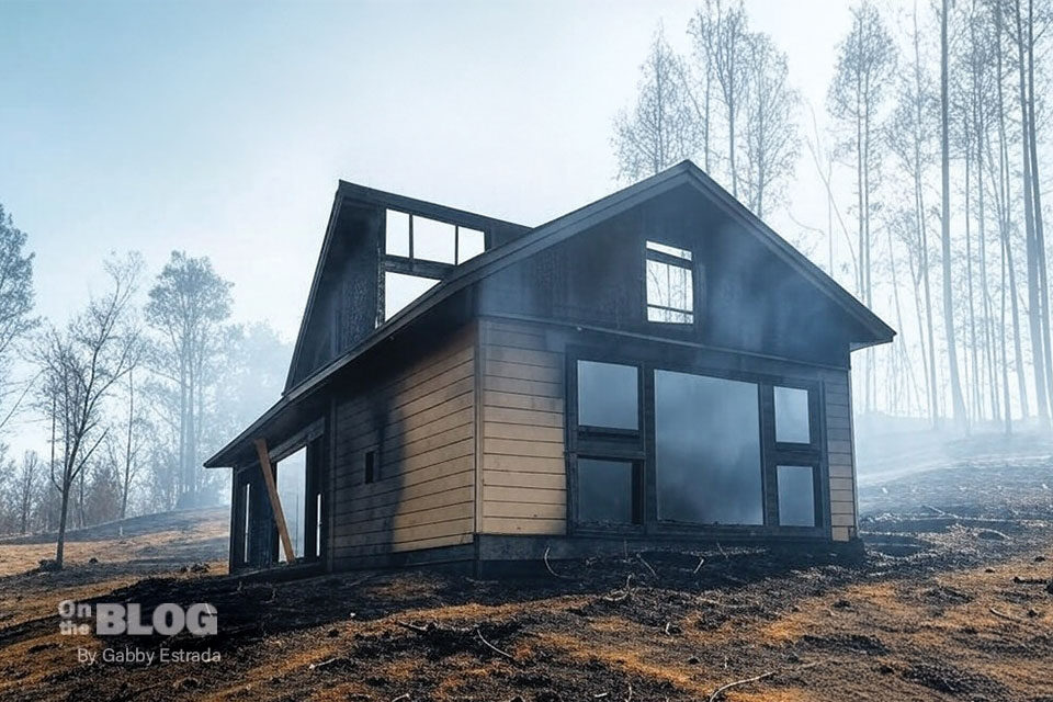  Burned-down house in California with remnants of fire damage.