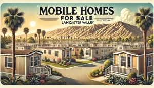 Mobile homes for sale Lancaster Ca,  featuring neatly arranged homes, desert landscaping, and mountains in the background under a bright, sunny sky.