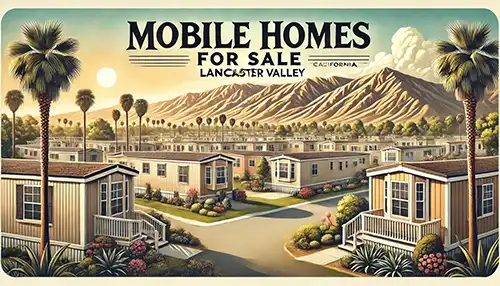 Mobile homes for sale Lancaster Ca, featuring neatly arranged homes, desert landscaping, and mountains in the background under a bright, sunny sky.